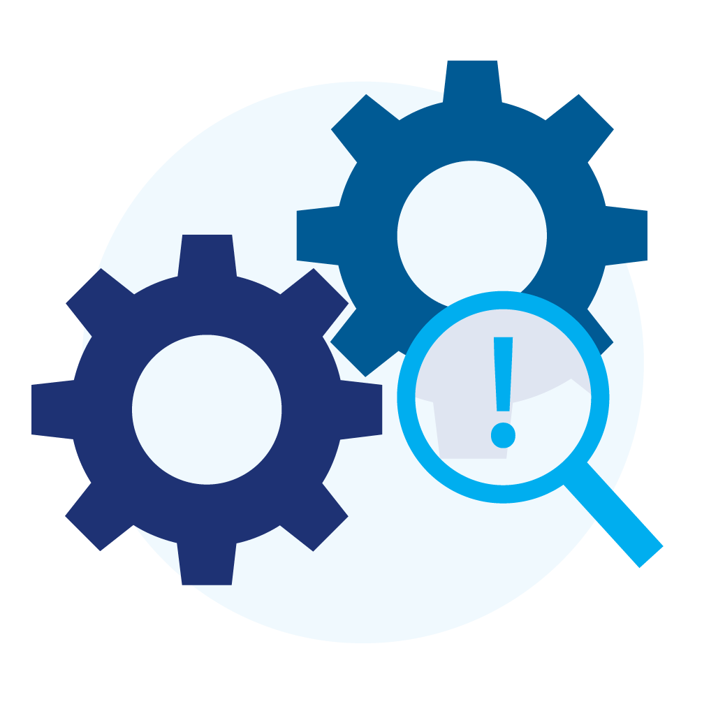 icon showing two rotating cogs with a magnifying glass in front with an exclamation mark