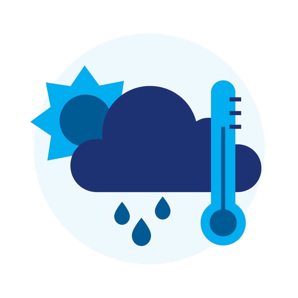 icon showing rain dropping from a cloud with sun partially hidden behind it and a thermometer in front 