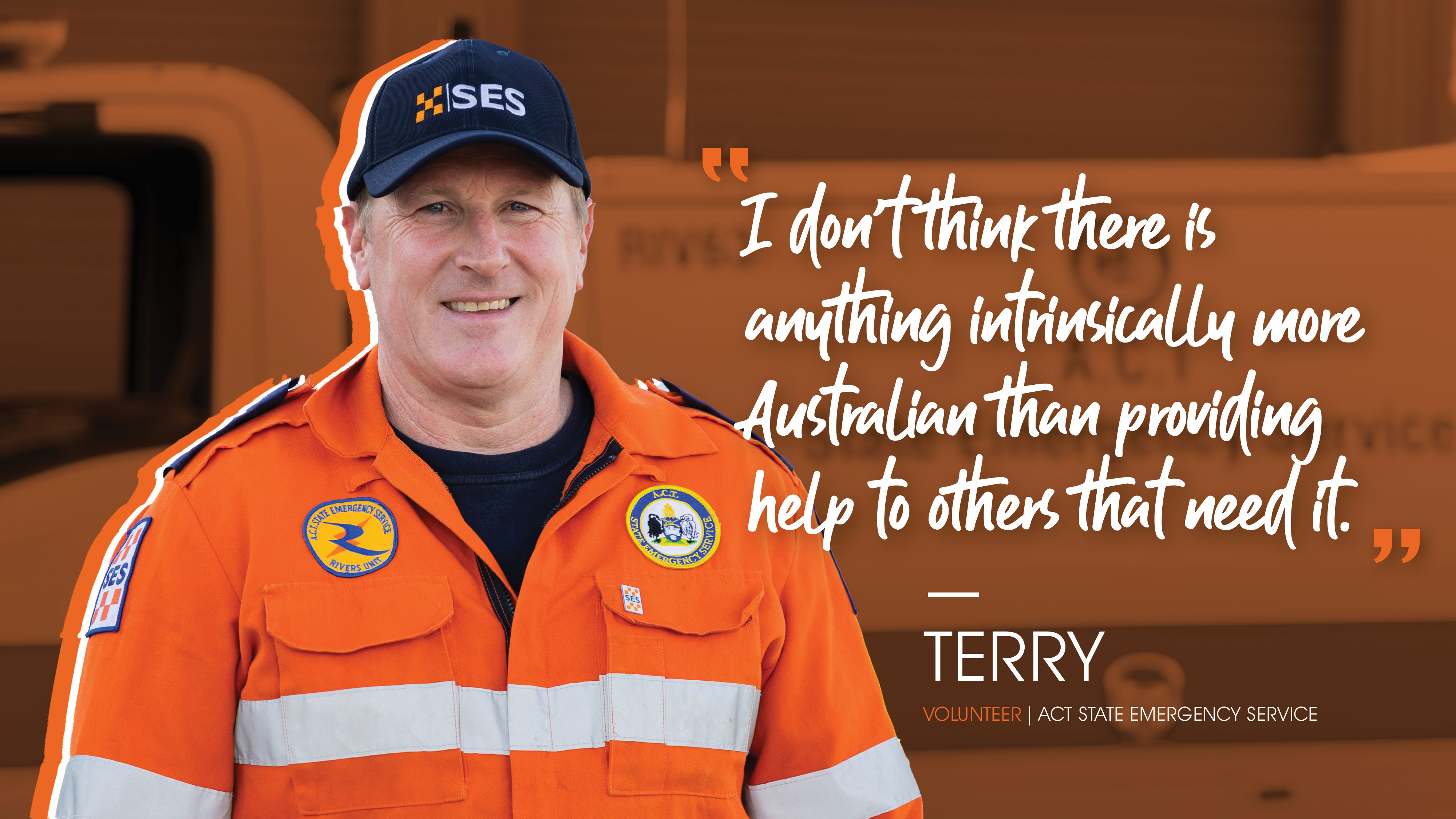 Profile photo of SES volunteer Terry with a pull quote from his story.